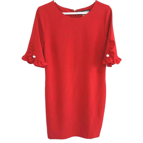 Karl Lagerfeld Dresses & Skirts - Karl Lagerfeld Red Dress with Ruffle Sleeves and Pearl Detail - Size 10